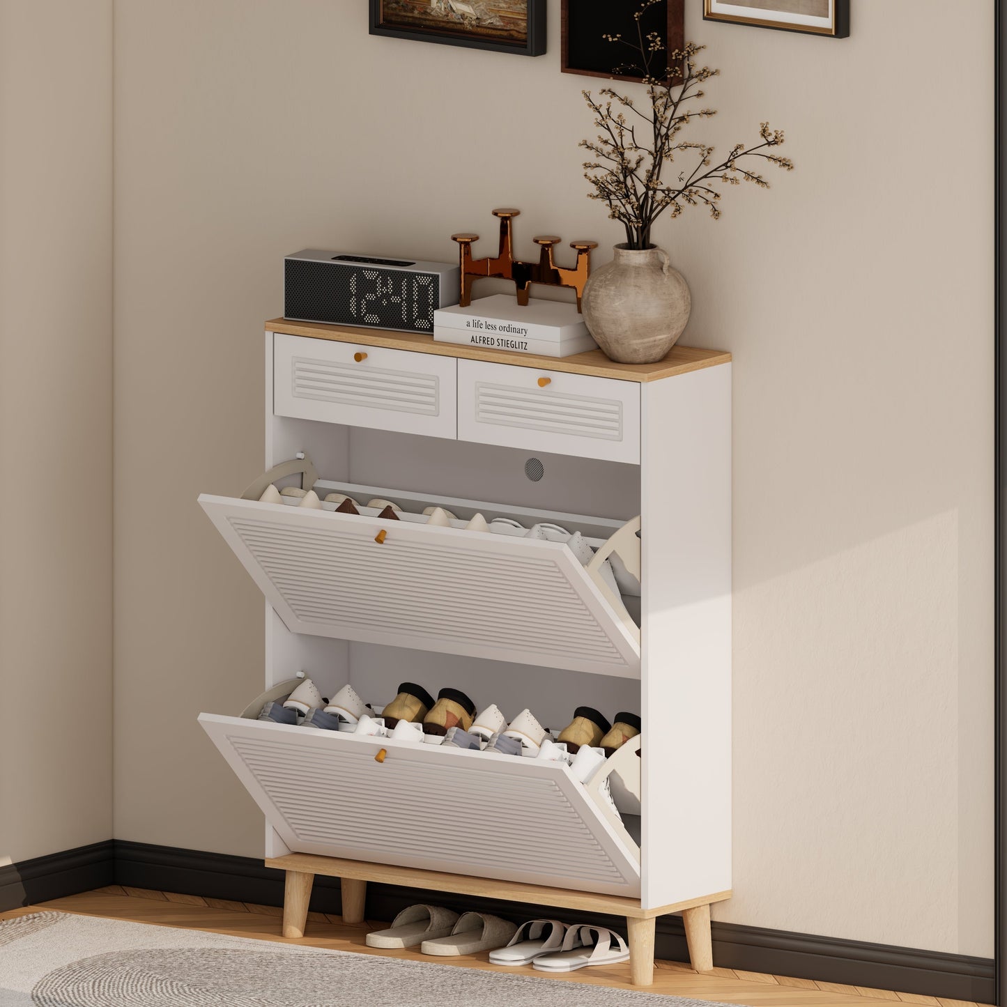 Shoe Cabinet With 2 Flip-Up Doors and 2 Drawers
