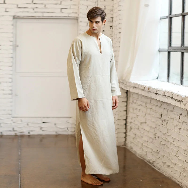 Mens Natural Linen Cotton Ultra Long Floor Length Robes