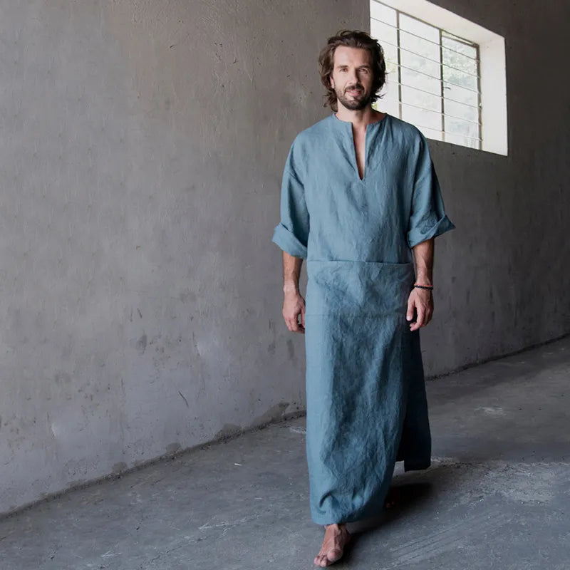 Mens Natural Linen Cotton Ultra Long Floor Length Robes